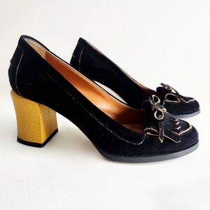 Fendi Austen Black Suede Leather Loafer Pumps, Slip-On W/Stacked Yellow Heel 37